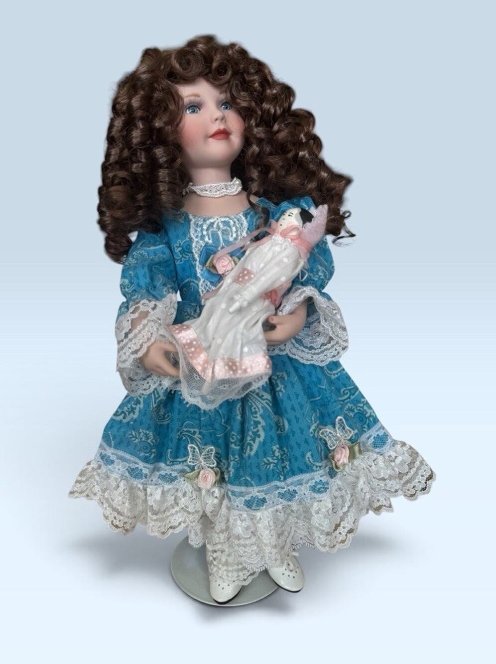Paradise Galleries Homespun Treasures Series BECKY 14" Porcelain Doll w Stand